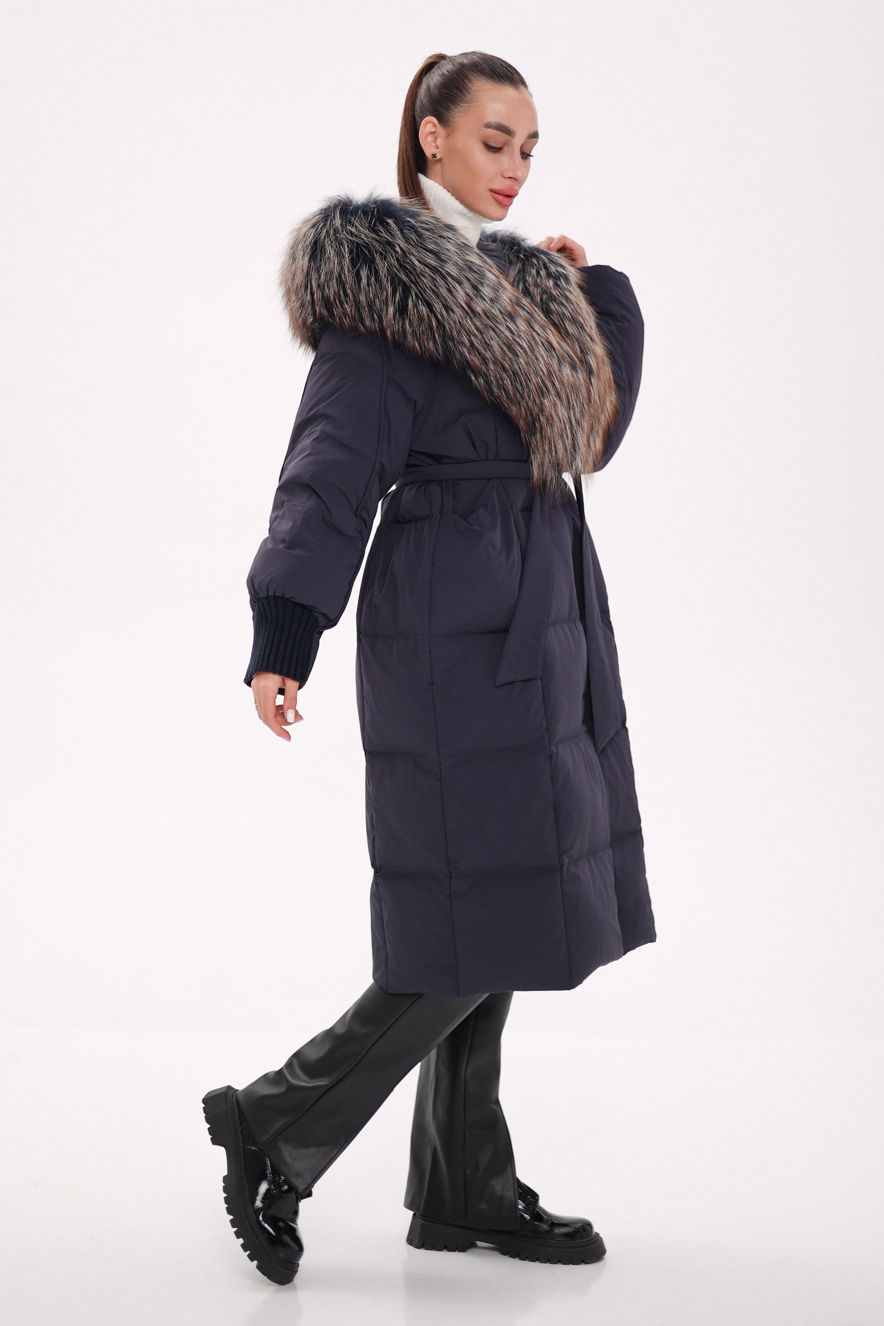 Rei Genuine Fur Trim Hooded Down Coat in Navy Alaska® Outerwear Company