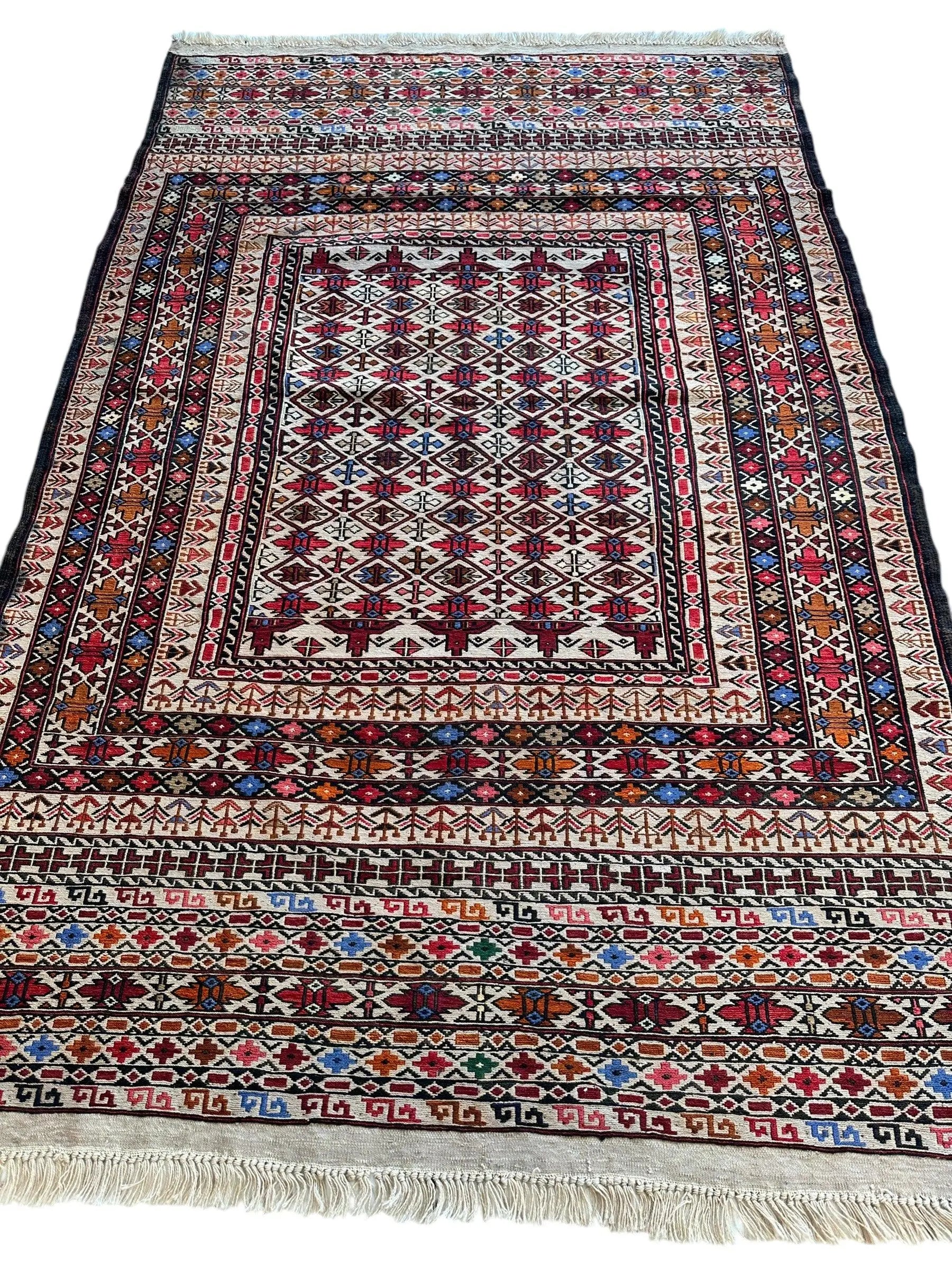 Hand-Woven Afghani Maliki Soumak Wool Kilim Rug - 4'2" x 6'6" Rugistan