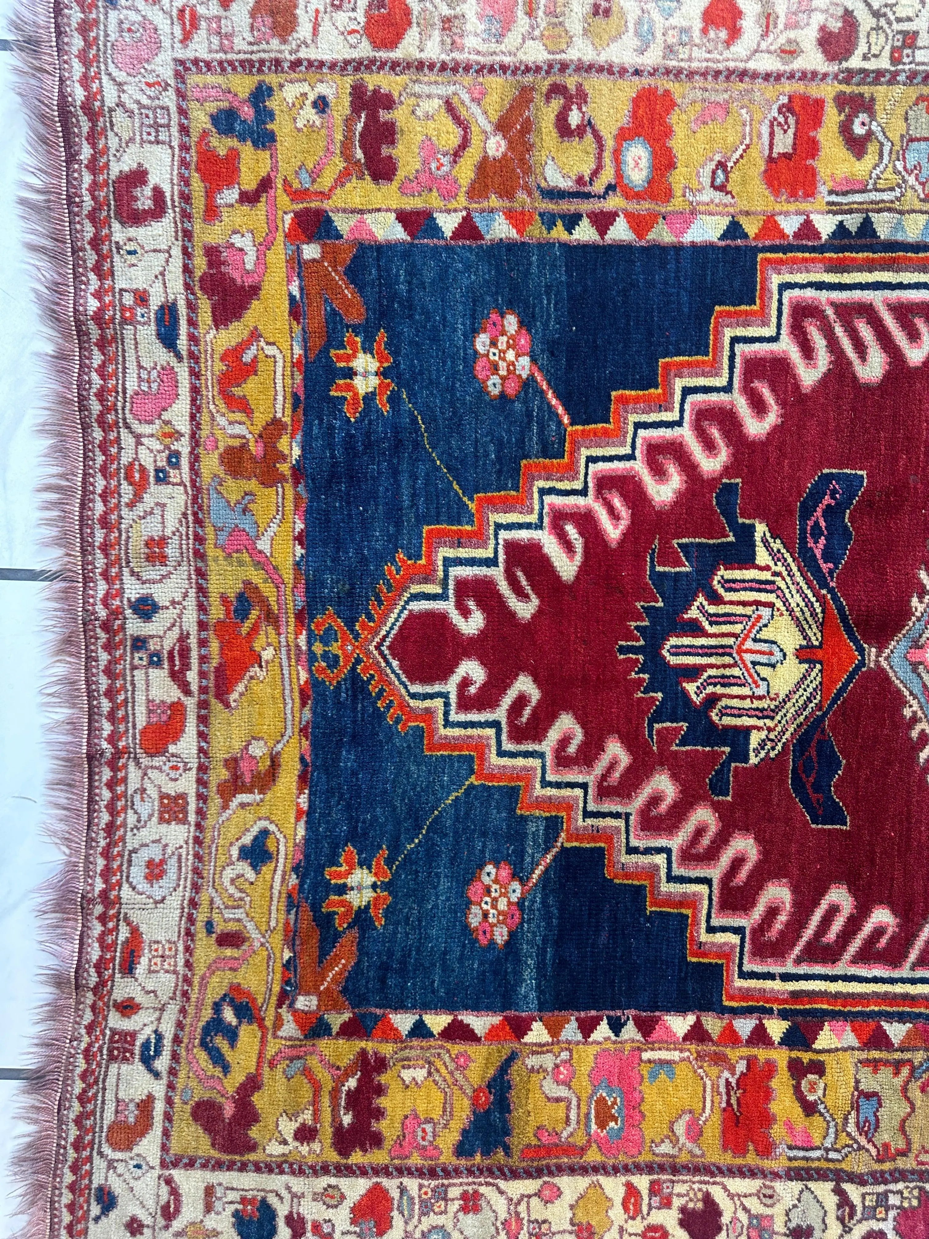 Hand-Knotted Antique Turkish Melas Wool Rug – 4'3" x 5'11" – Vibrant Geometric Motifs Rugistan