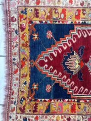 Hand-Knotted Antique Turkish Melas Wool Rug – 4'3" x 5'11" – Vibrant Geometric Motifs Rugistan