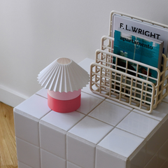 Small decorative item on a tiled surface next to a book titled 'F.L. Wright apartamento'.