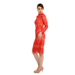 Woman wearing a red lace dress on a white background