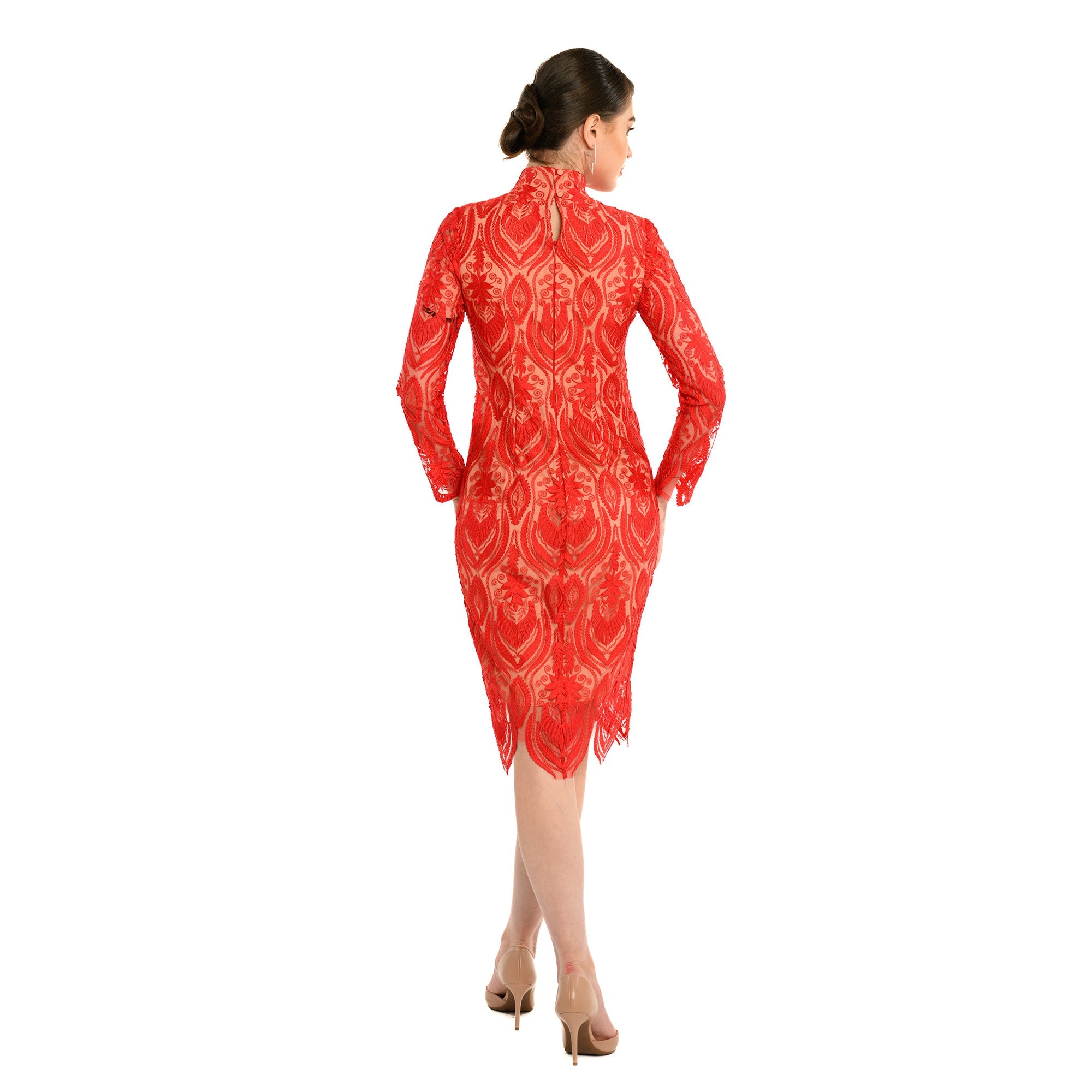 Red lace dress worn by a model on a white background