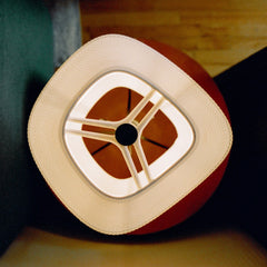Close-up of a round, beige object with a central black dot on a dark background