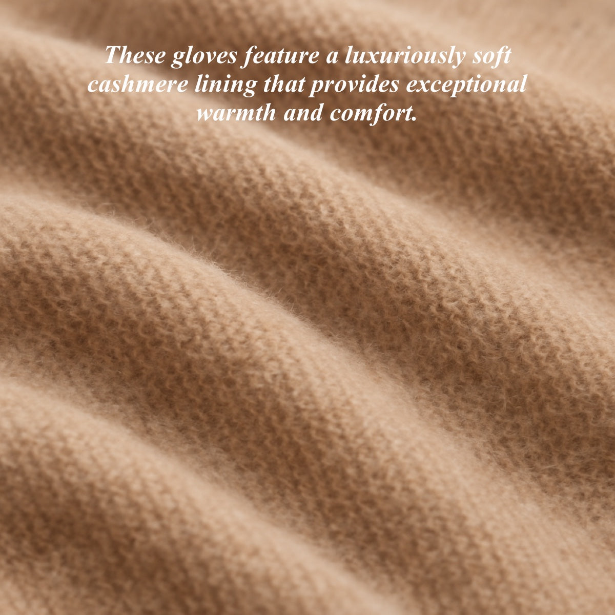 Close-up of cashmere fabric with text about its softness and comfort.