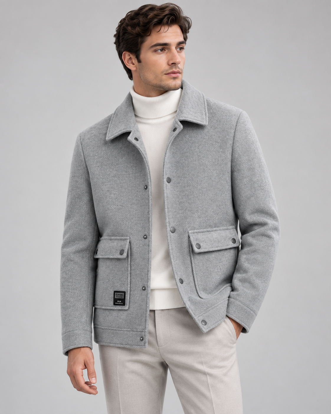 A man wearing a light gray wool-blend jacket over a white turtleneck sweater and light beige trousers, photographed against a neutral light gray studio background.