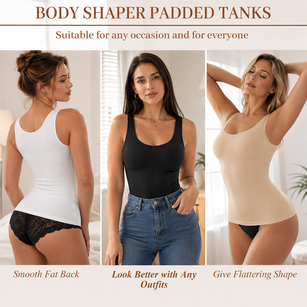 Three women modeling fitted tank-style shapewear in white, black, and beige, shown in a three-panel promotional layout with text about body shaping and outfit compatibility.