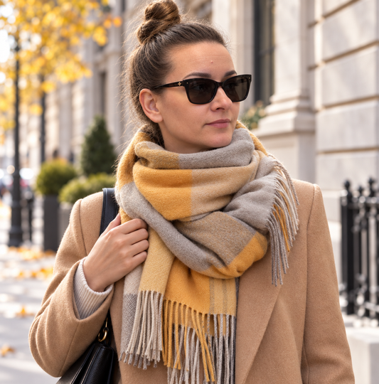 A woman wearing a thick mustard yellow and beige plaid scarf with fringe, styled with a tan coat and black sunglasses, standing outdoors on a city street.