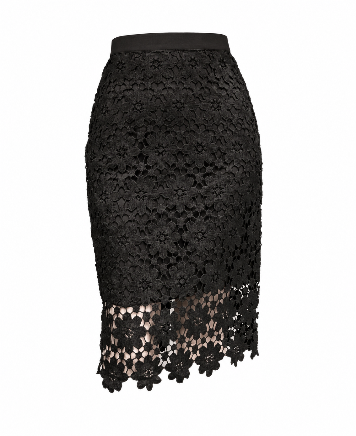 A black floral lace pencil skirt with a solid waistband and a sheer floral lace hem, shown against a plain white background.