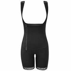 Black compression shapewear briefs with adjustable shoulder straps, a front zipper, and decorative lace trim at the leg hems, shown on a plain white background.