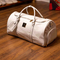 White Leather Weekender Duffle Bag
