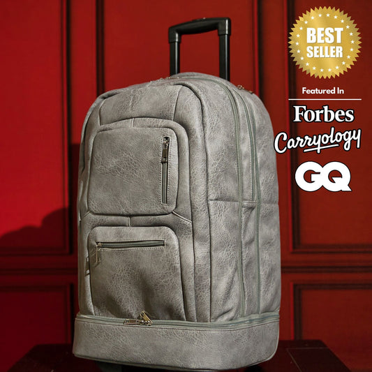Grey Leather Carry-On Patented Roller Bag Sole Premise