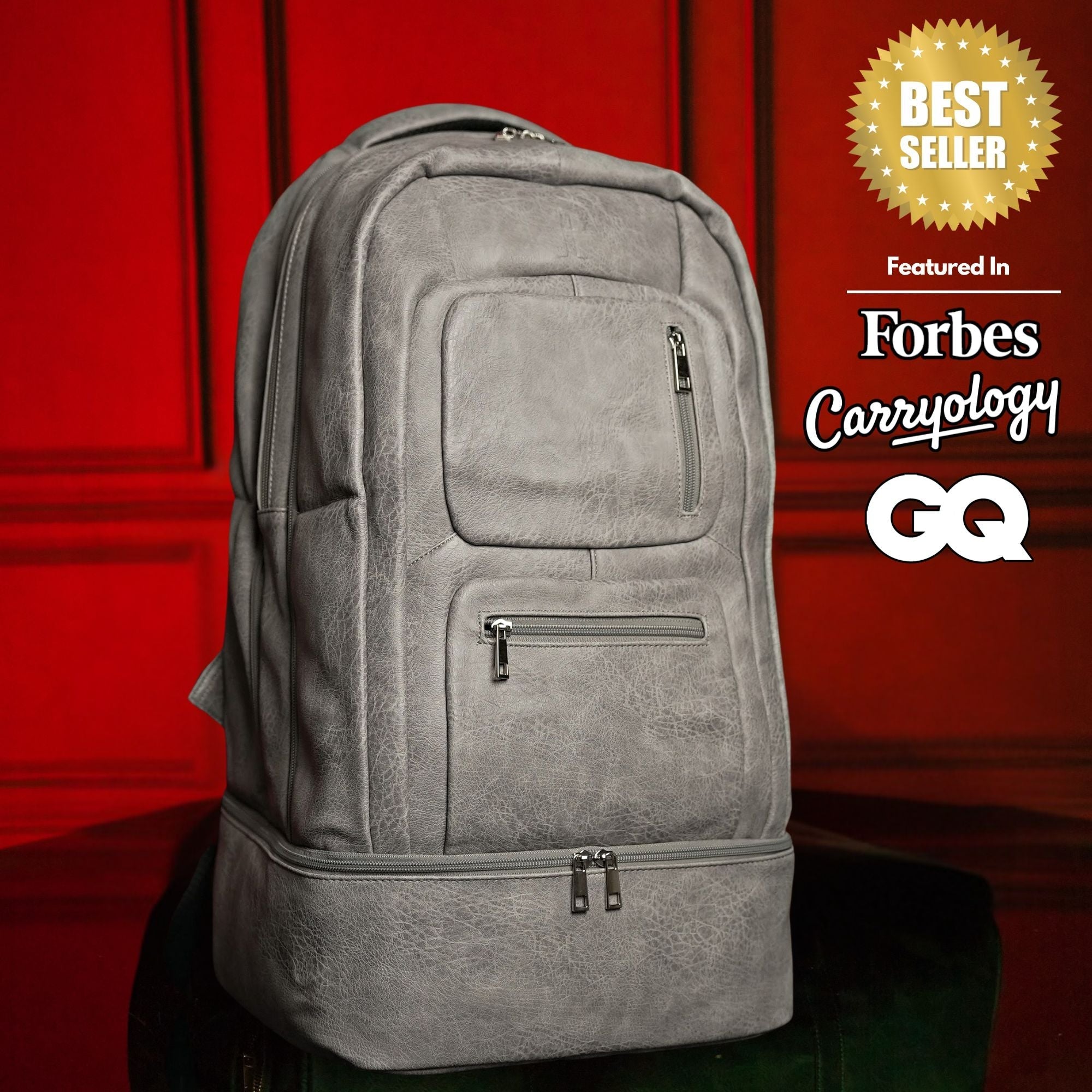Grey Leather Carry-On Patented Backpack Sole Premise