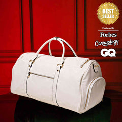 White Leather Weekender Duffle Bag