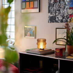 Living room with a lamp on a table, framed art on the wall, and a plant.