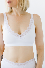 Woman wearing a white lace bralette against a plain background