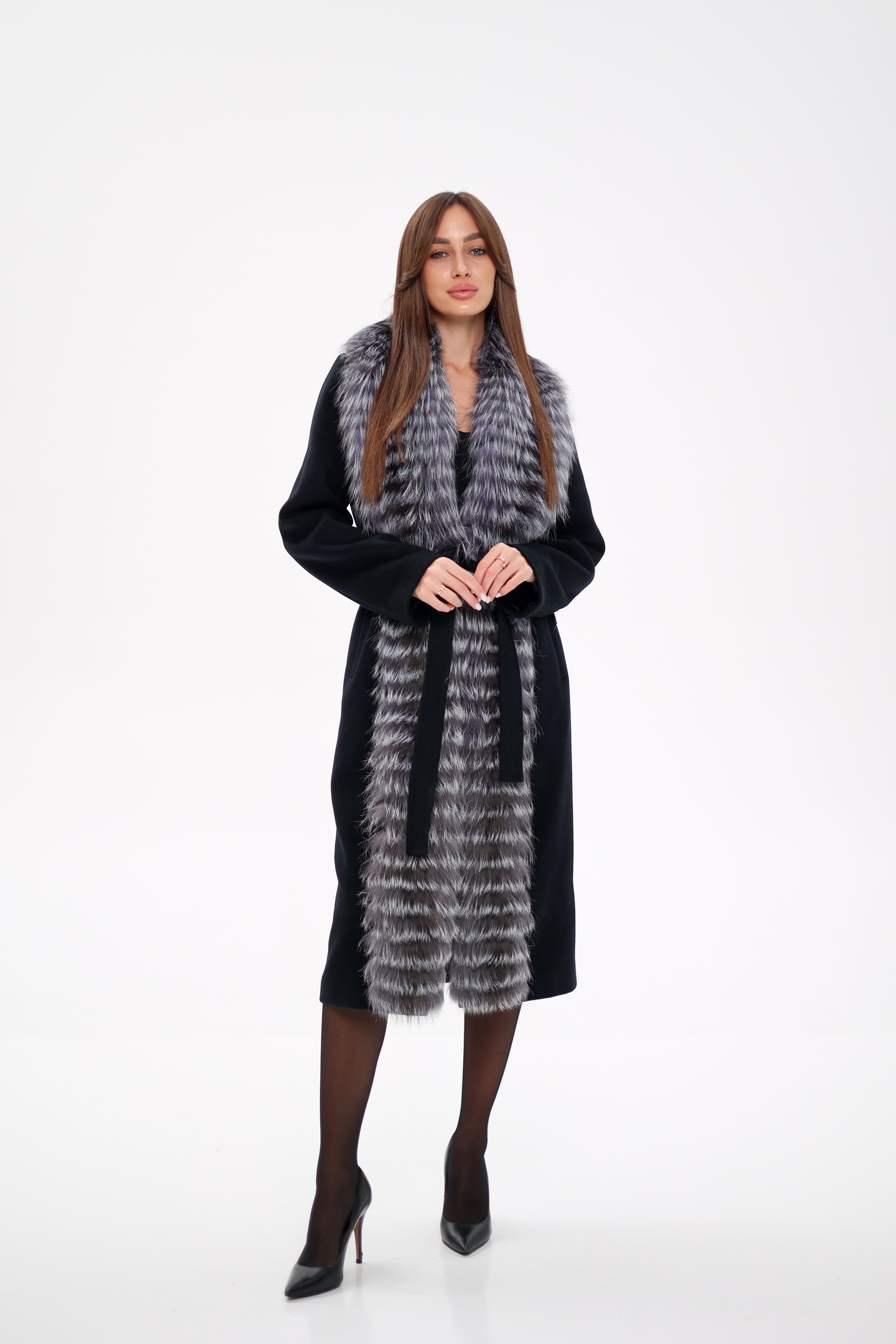 Genuine Silver Fox Virgin Wool Wrap Coat in Black Alaska® Outerwear Company