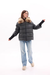 Genuine Fur Trim Down Fill Coat in Black