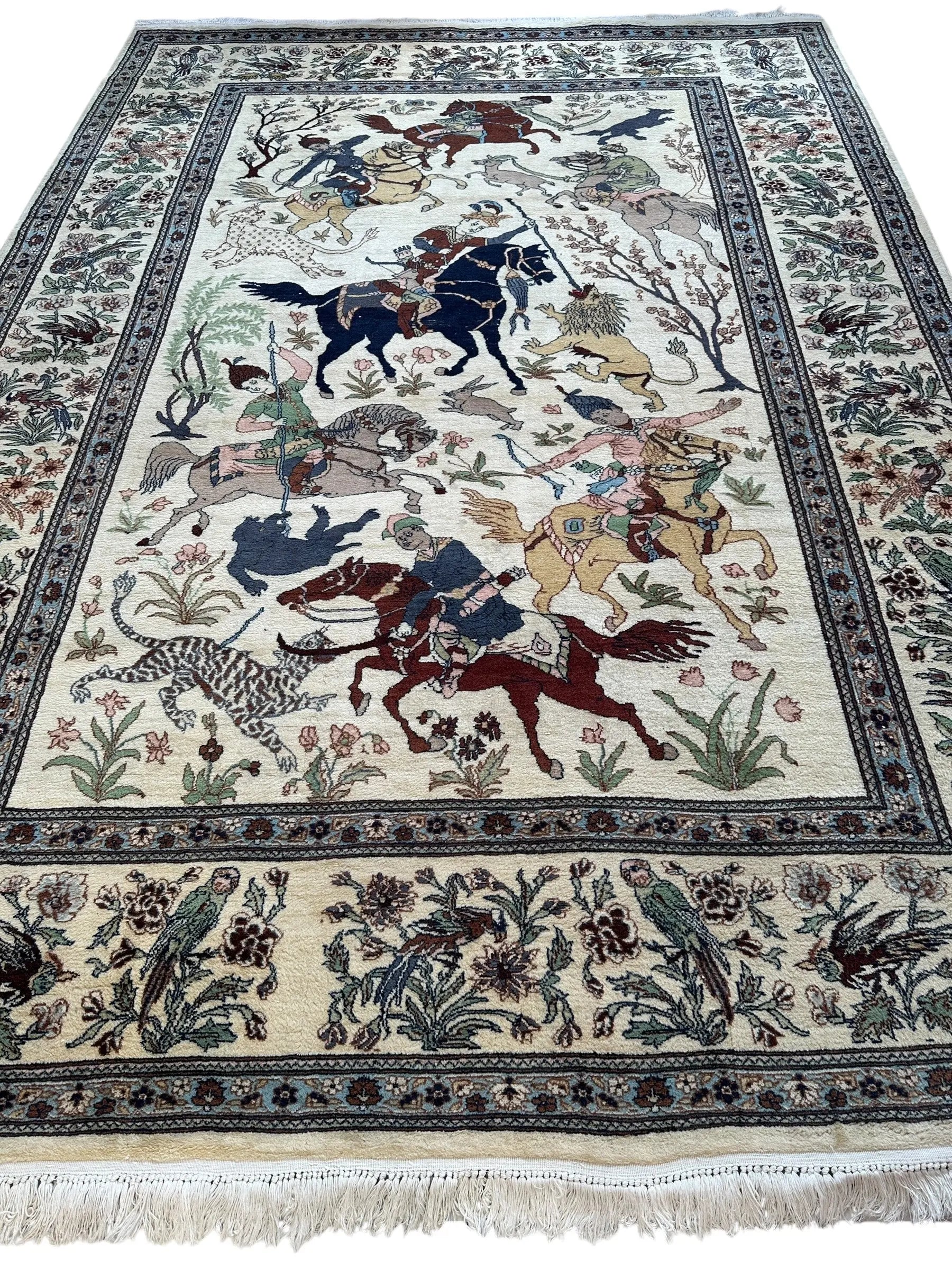 Hand-Knotted Lahore Hunting Scene Wool Rug – 8’ x 11’3” – Vintage 1950s Persian-Style Masterpiece Rugistan