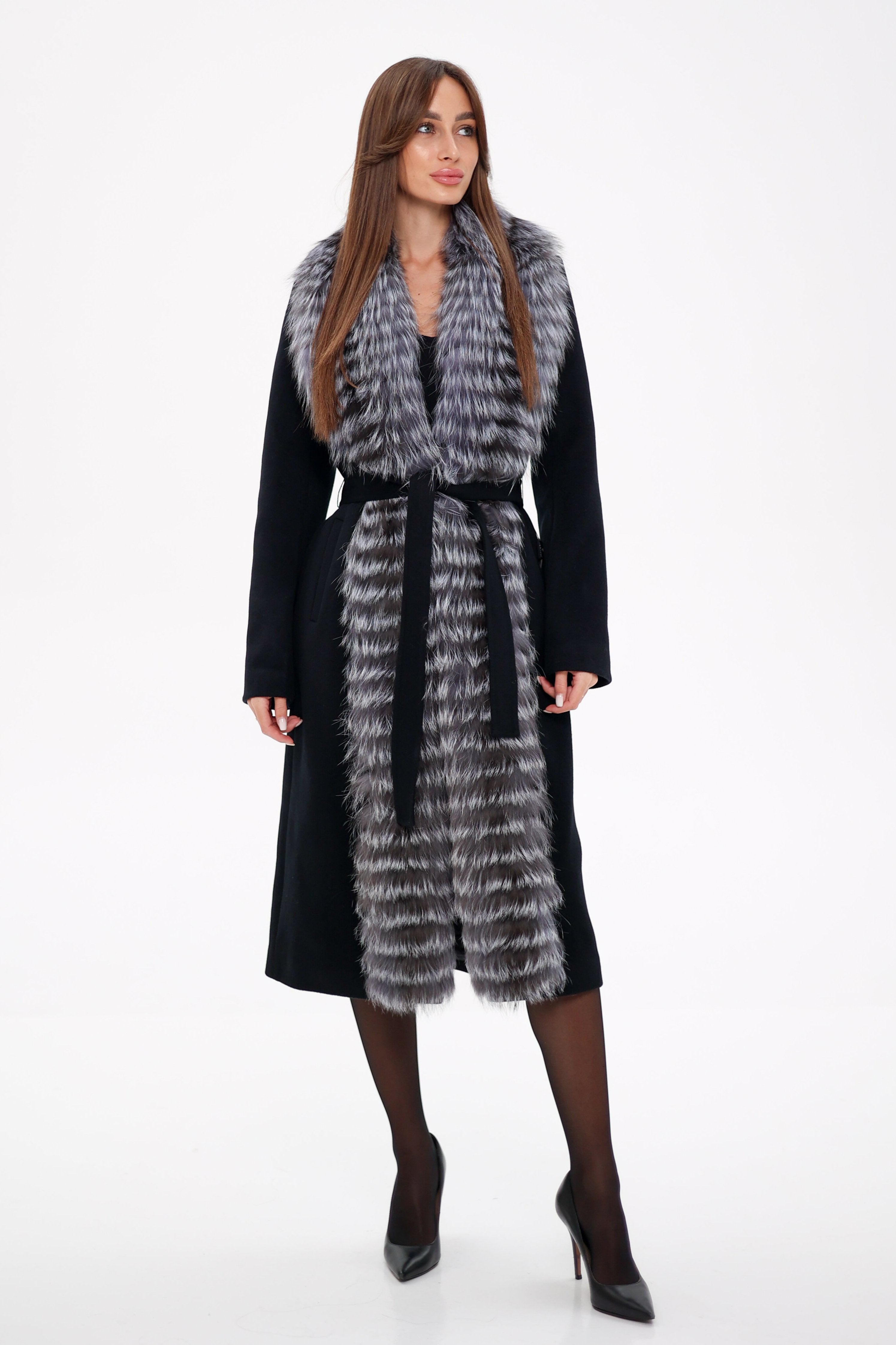 Genuine Silver Fox Virgin Wool Wrap Coat in Black Alaska® Outerwear Company