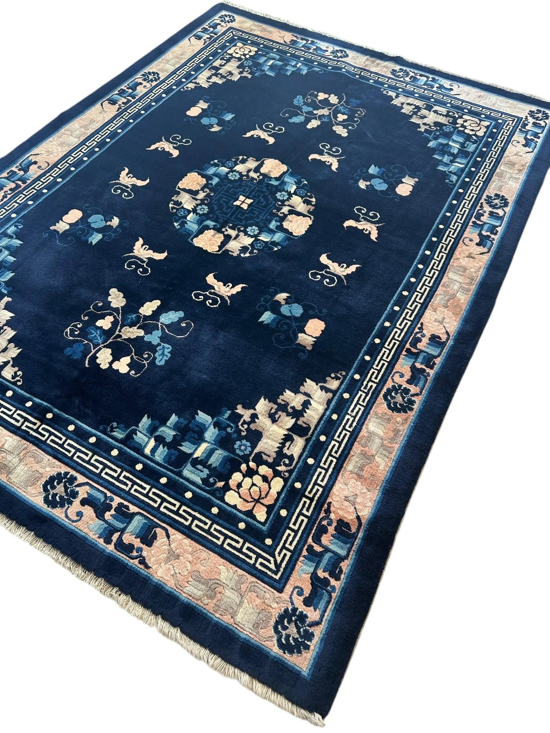 Hand-Knotted Antique Chinese Peking Wool Rug – 5’6” x 7’6” – Full Pile Navy and Cream Design Rugistan
