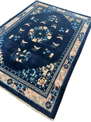 Hand-Knotted Antique Chinese Peking Wool Rug – 5’6” x 7’6” – Full Pile Navy and Cream Design Rugistan