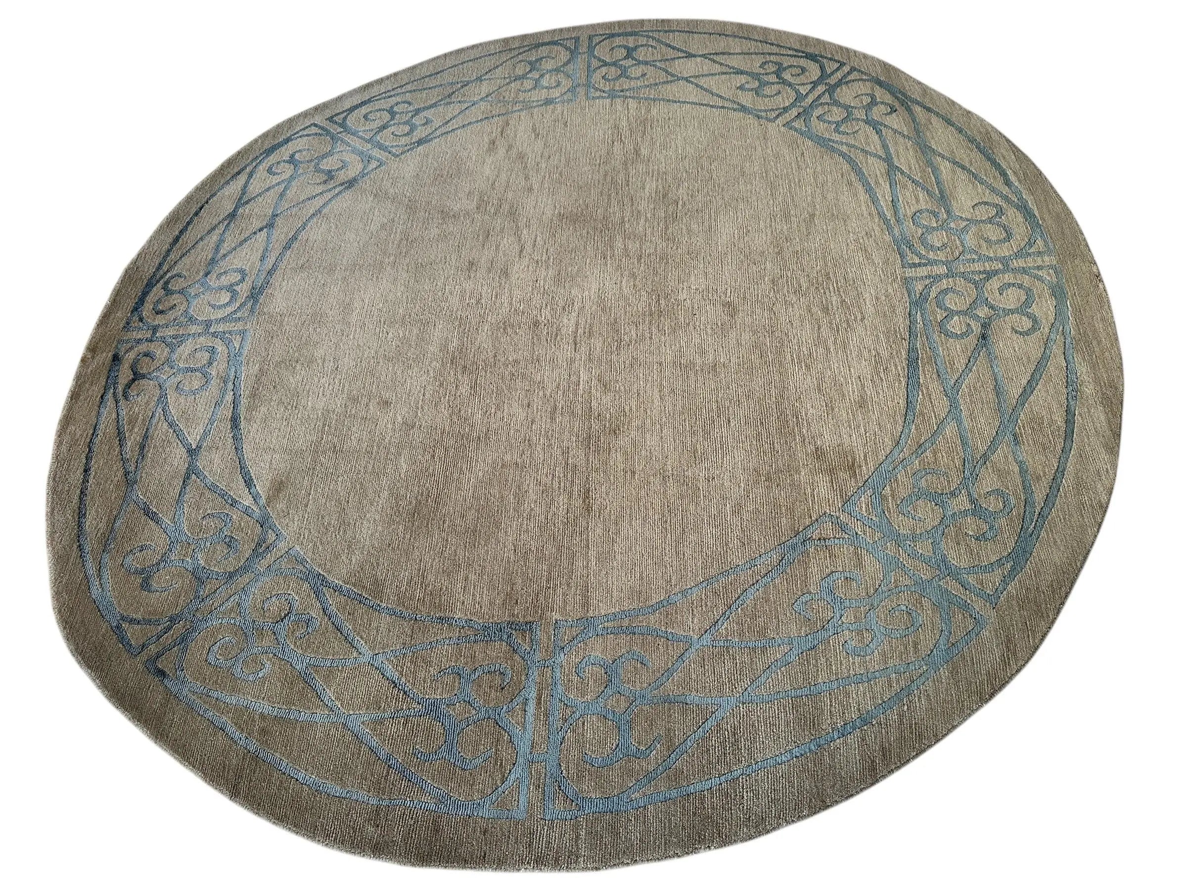 Hand-Knotted Tibetan Rug - 6' x 6'1" Round - Wool & Silk - Elegant Blue Border Design Rugistan