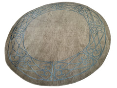 Hand-Knotted Tibetan Rug - 6' x 6'1" Round - Wool & Silk - Elegant Blue Border Design Rugistan