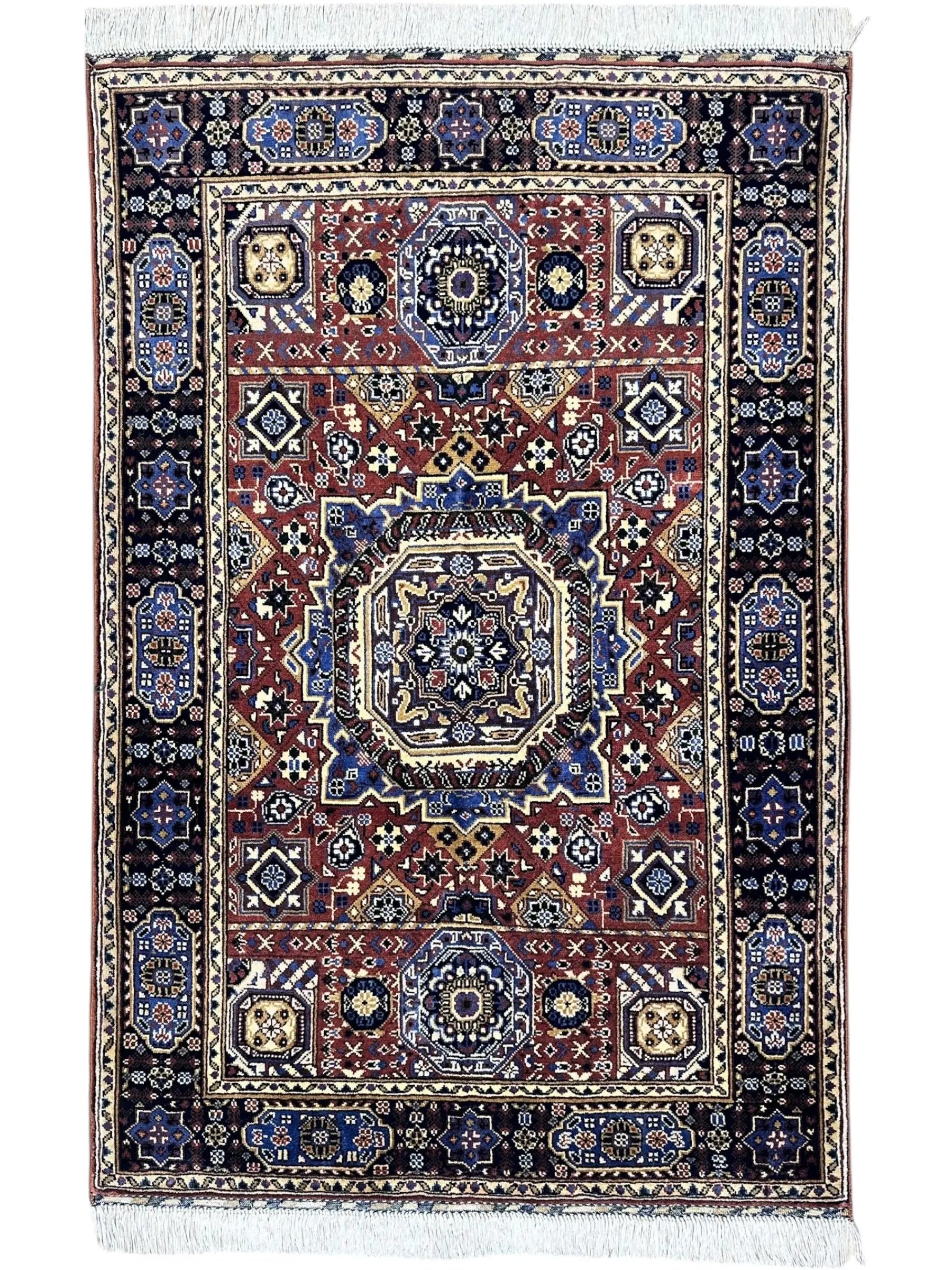 Hand-Knotted Afghani Blue & Brown Mamluk Wool Rug – 40” x 62” Rugistan