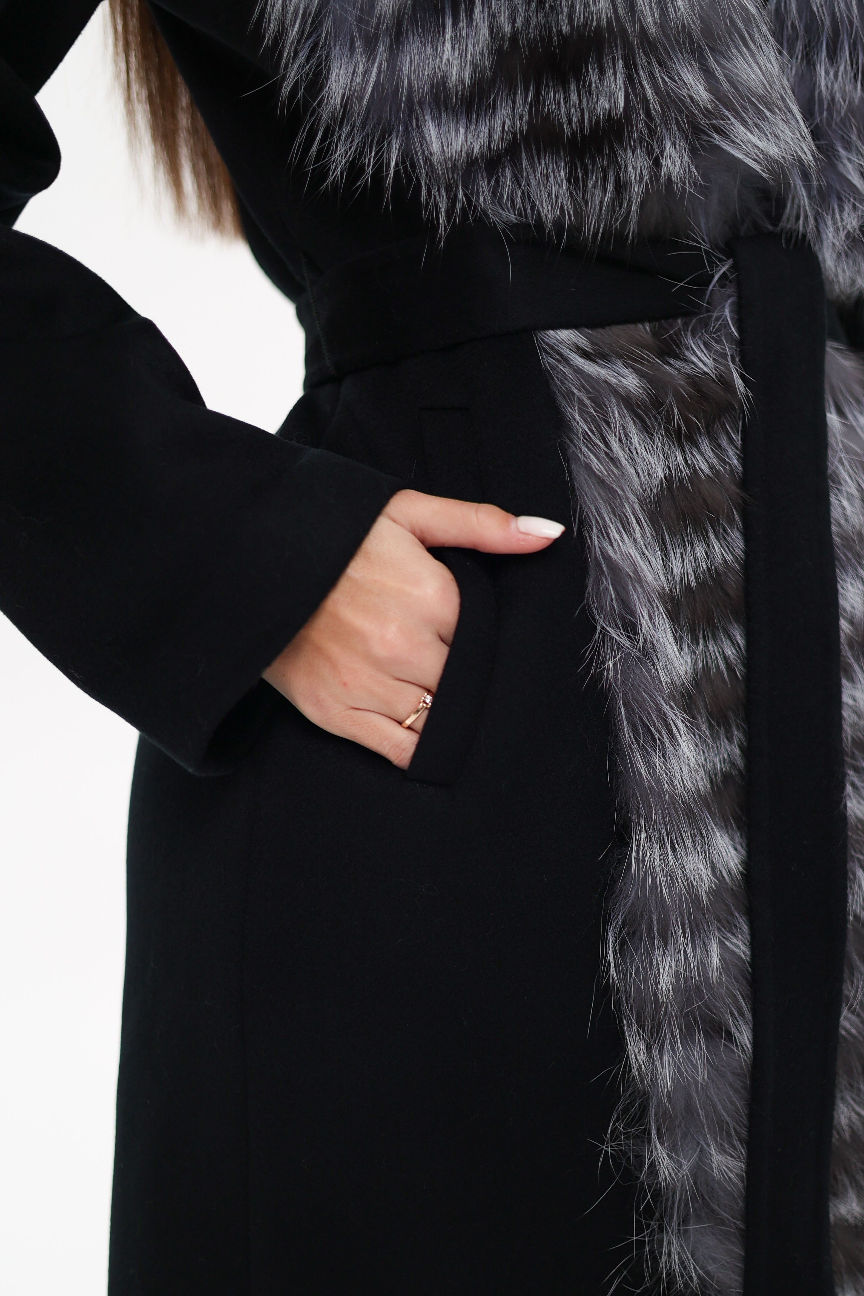 Genuine Silver Fox Virgin Wool Wrap Coat in Black Alaska® Outerwear Company