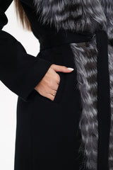 Genuine Silver Fox Virgin Wool Wrap Coat in Black Alaska® Outerwear Company