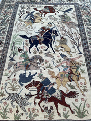 Hand-Knotted Lahore Hunting Scene Wool Rug – 8’ x 11’3” – Vintage 1950s Persian-Style Masterpiece Rugistan