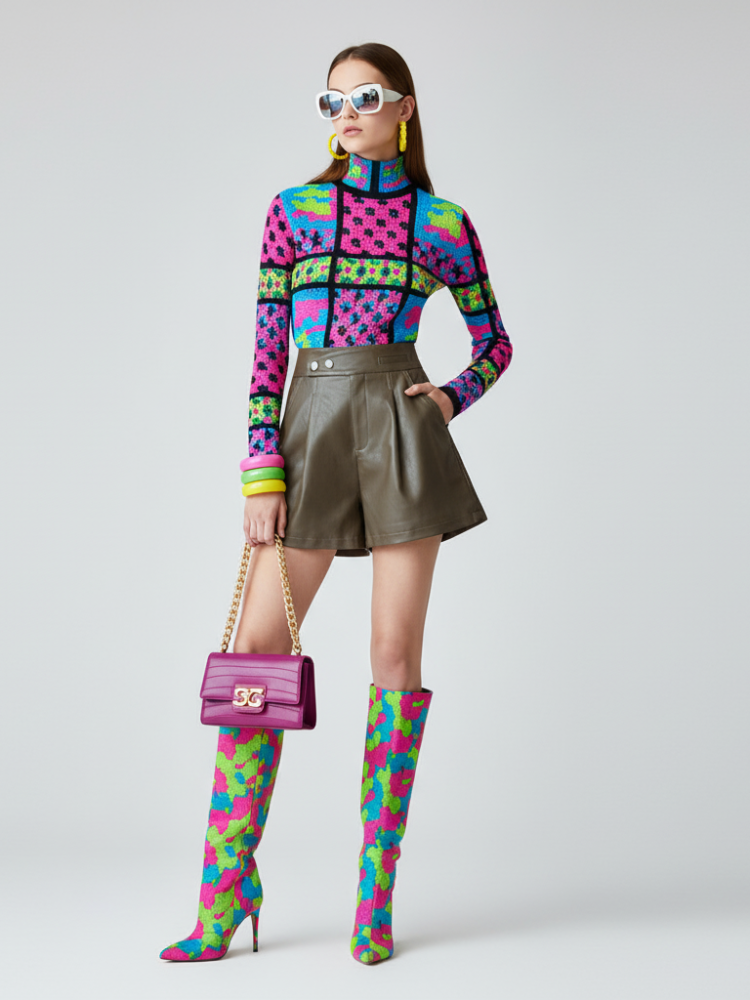 Person wearing a colorful checkered sweater, green leather skirt, and multicolored knee-high boots holding a pink handbag.
