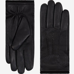 A pair of black leather gloves shown flat against a light gray background, with one glove displaying the back of the hand and the other showing the palm side with a gathered wrist.