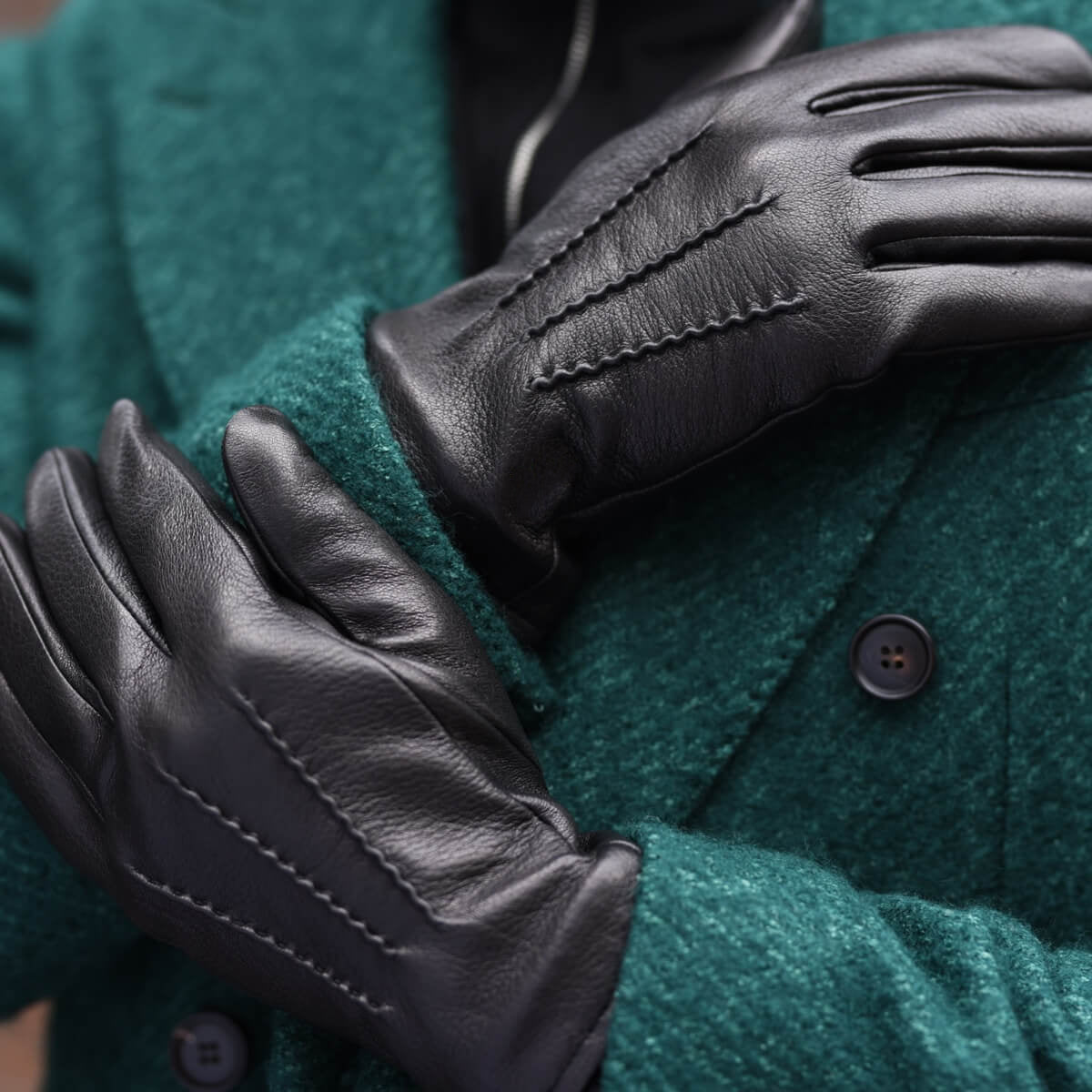 Black leather gloves with contrast stitching, shown worn on a person's hands over a dark green wool coat.