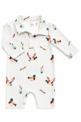 A long-sleeve baby romper in a white and light green gingham pattern, featuring a watercolor print of mallards and reeds, laid flat on a white background.