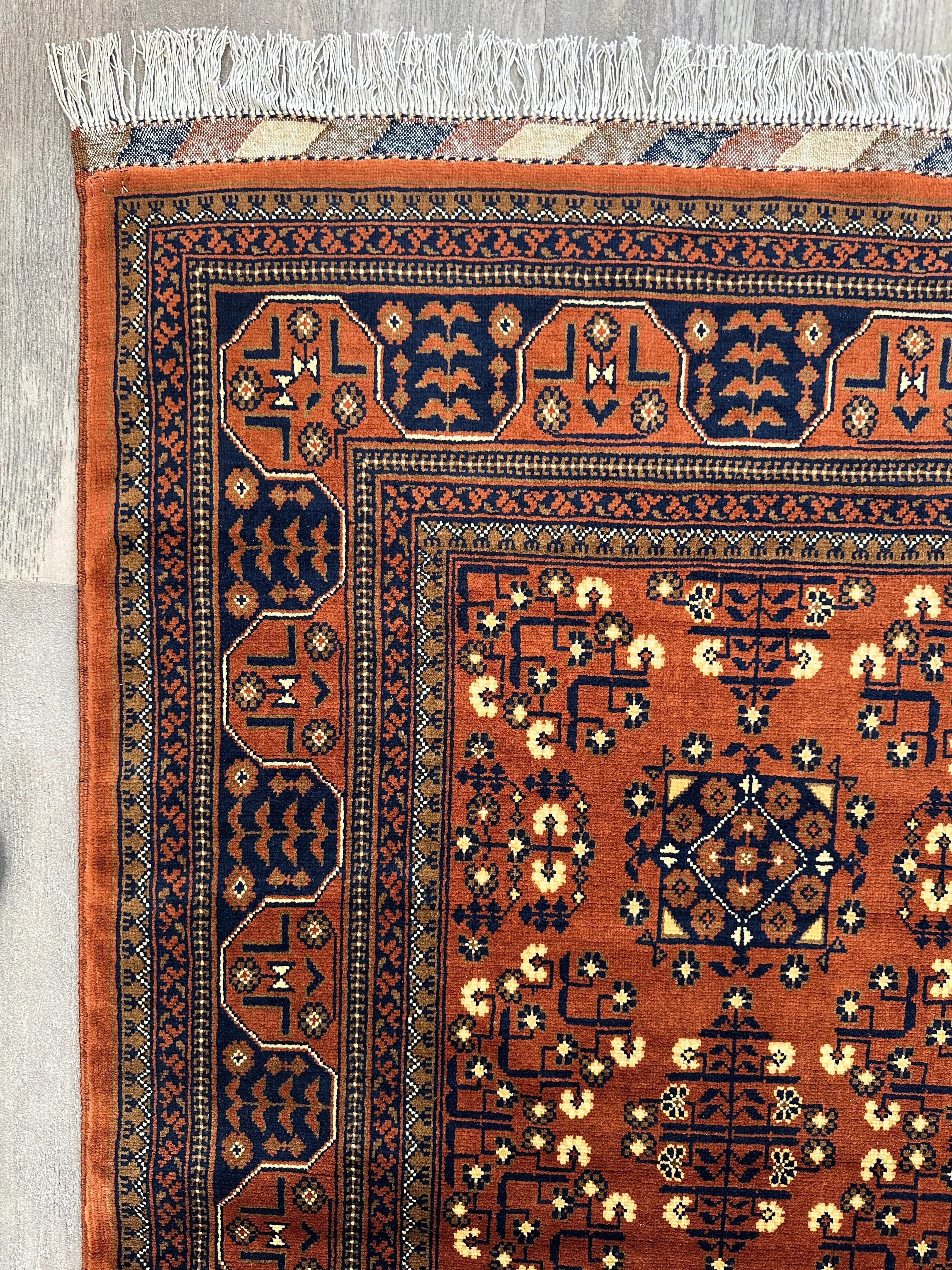 Hand-Knotted Afghani Bukharayi Rug | 6'7" x 10' Wool Area Carpet – Traditional Geometric Design Rugistan