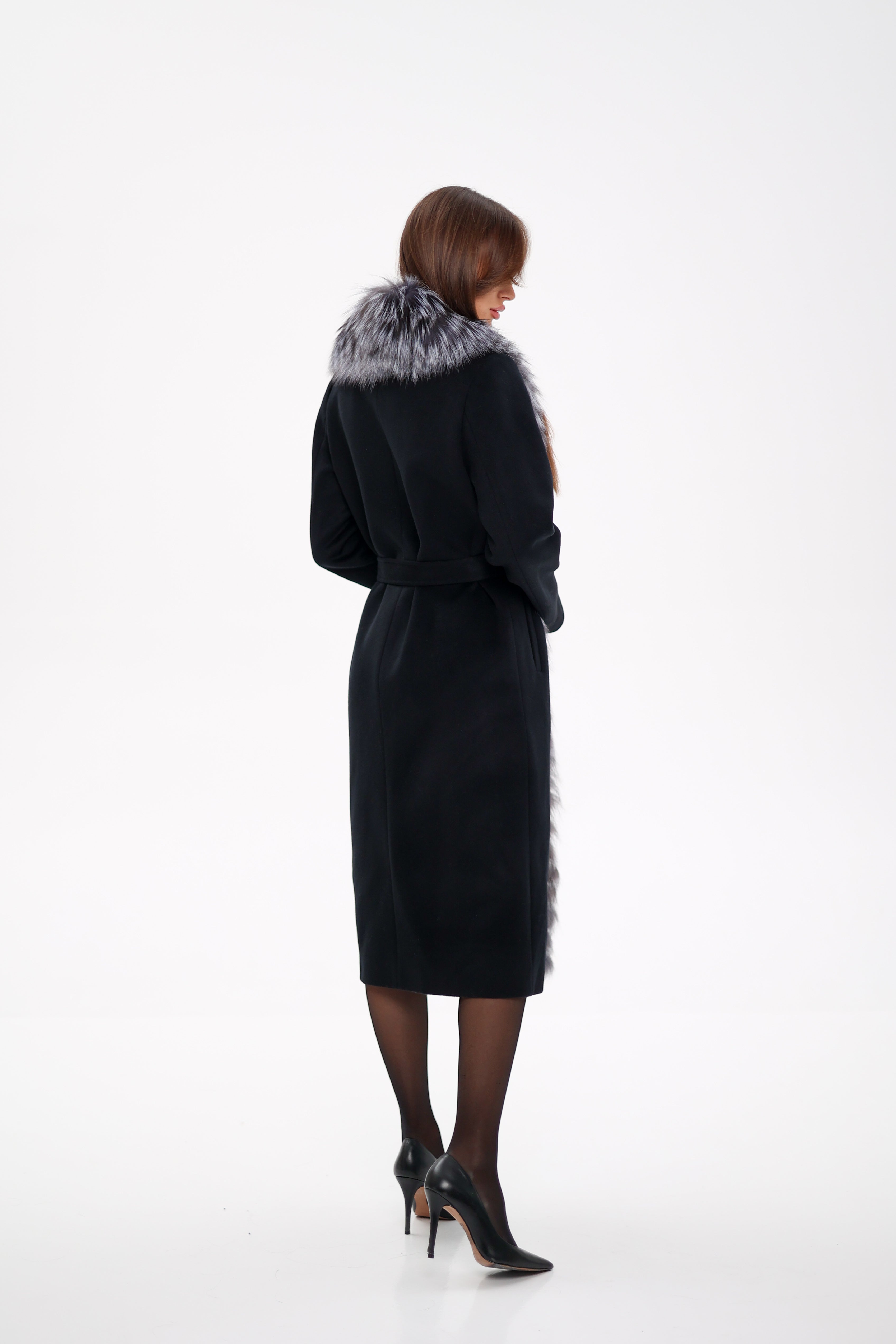 Genuine Silver Fox Virgin Wool Wrap Coat in Black Alaska® Outerwear Company