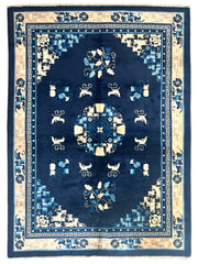 Hand-Knotted Antique Chinese Peking Wool Rug – 5’6” x 7’6” – Full Pile Navy and Cream Design Rugistan