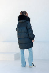 Celeste Genuine Fur Trim Down Fill Coat in Black