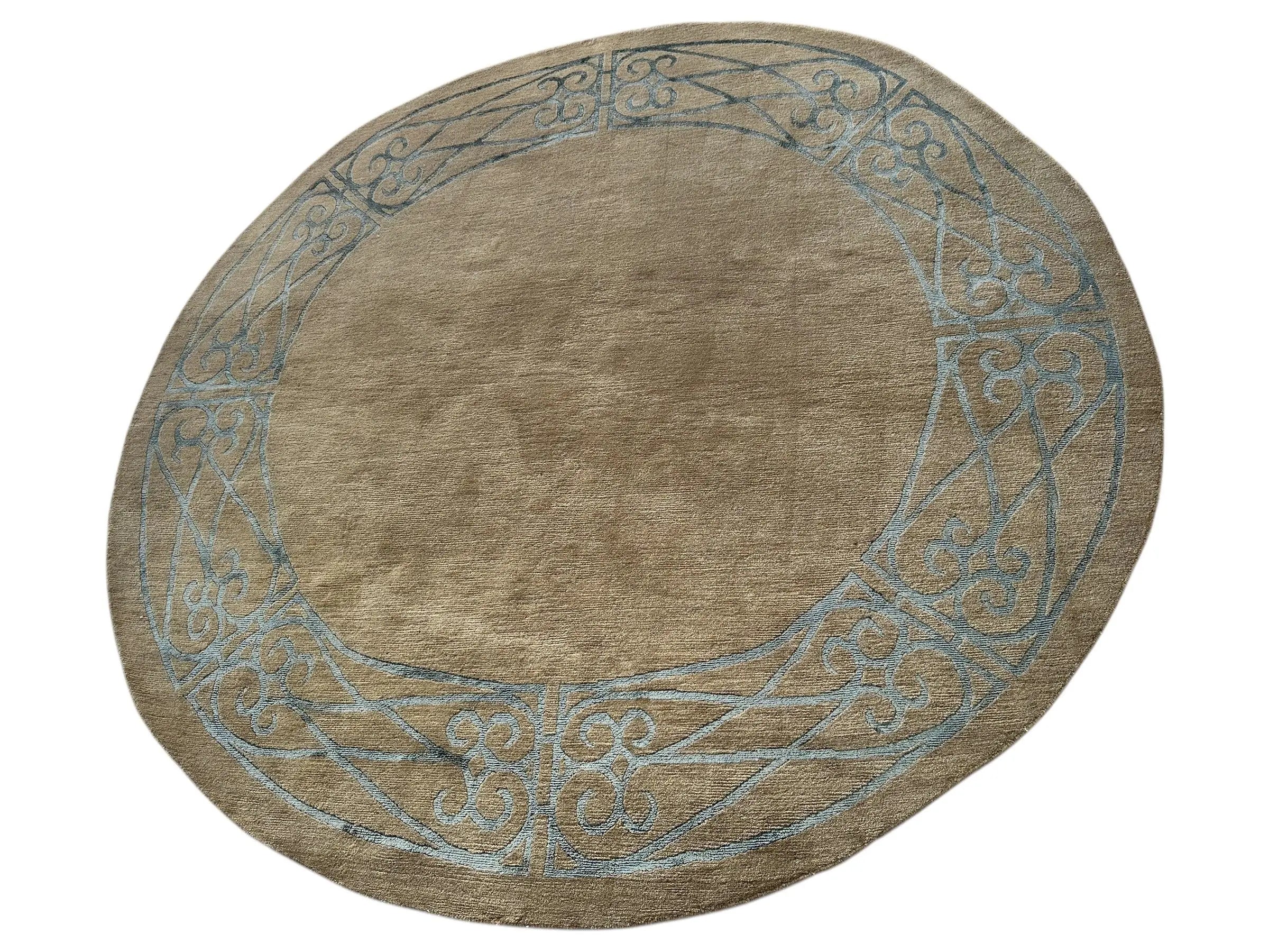 Hand-Knotted Tibetan Rug - 6' x 6'1" Round - Wool & Silk - Elegant Blue Border Design Rugistan
