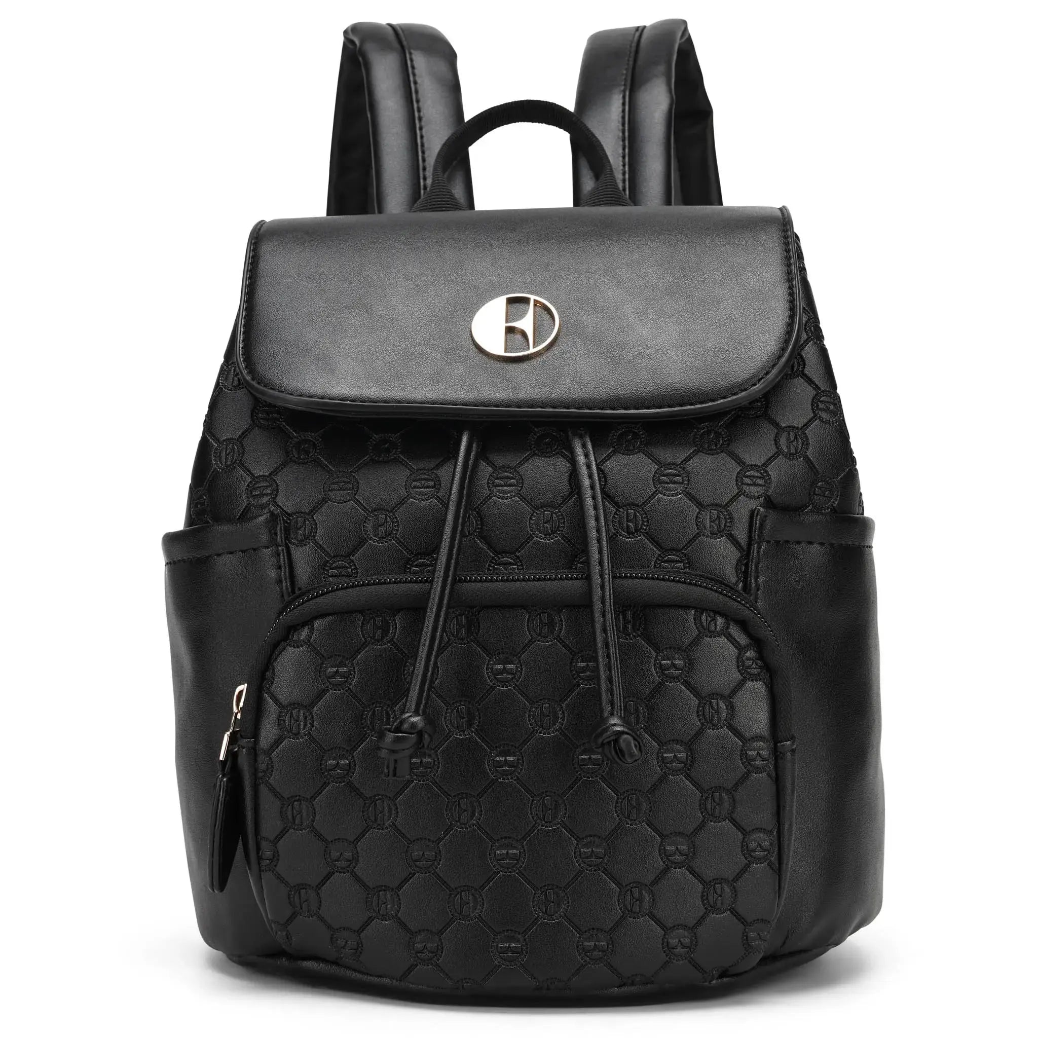 Black backpack with a patterned design on a white background