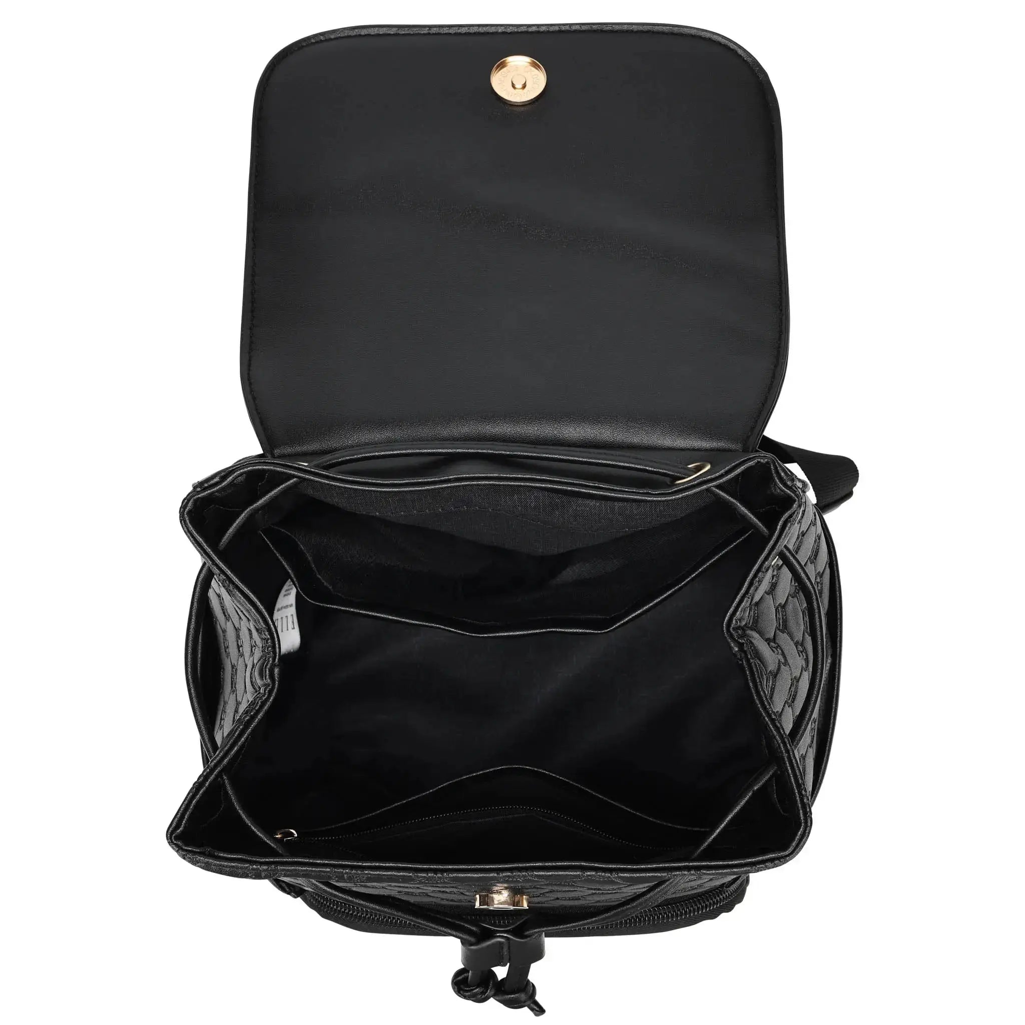 Black backpack with open front compartment on a white background