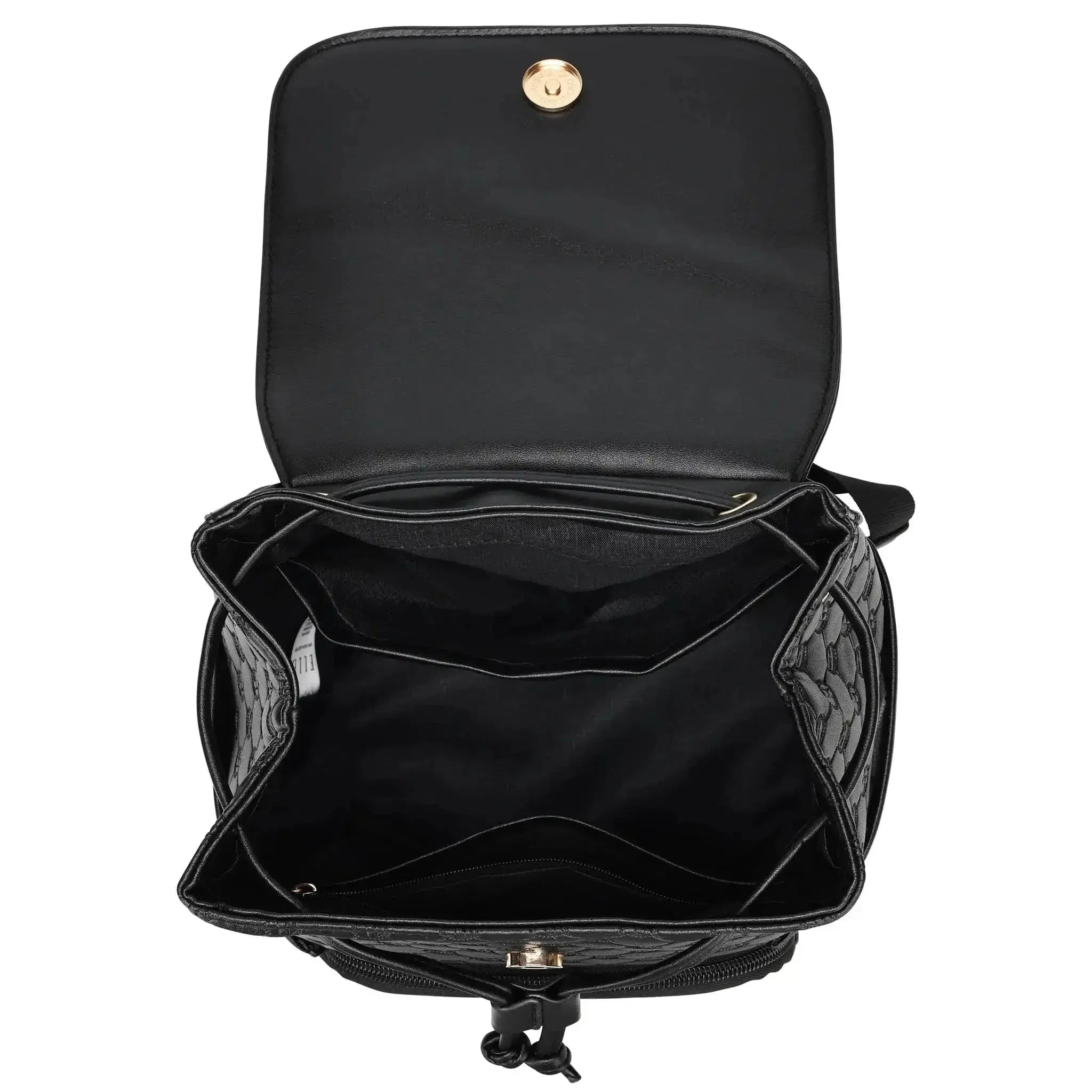 Black backpack with open front compartment on a white background