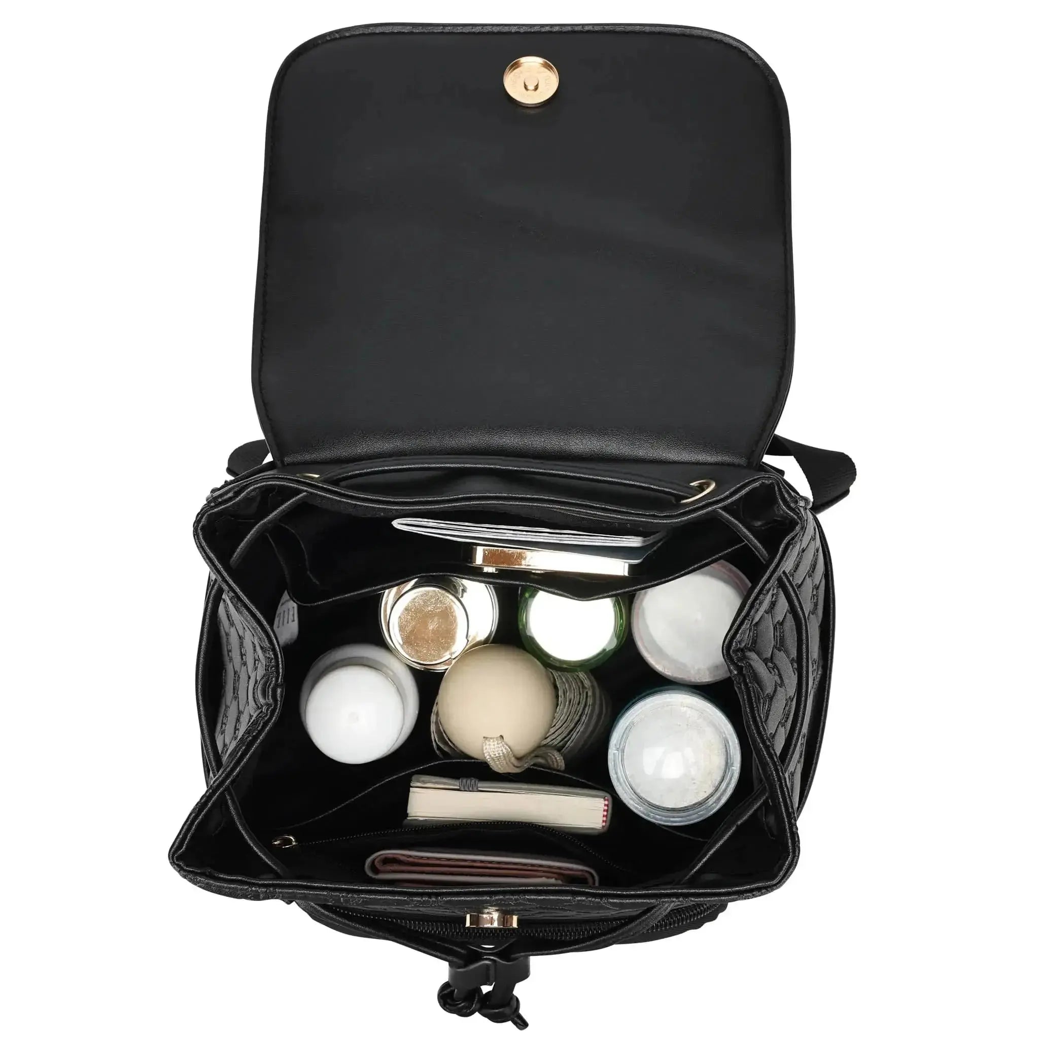 Black makeup bag with cosmetic items on a white background