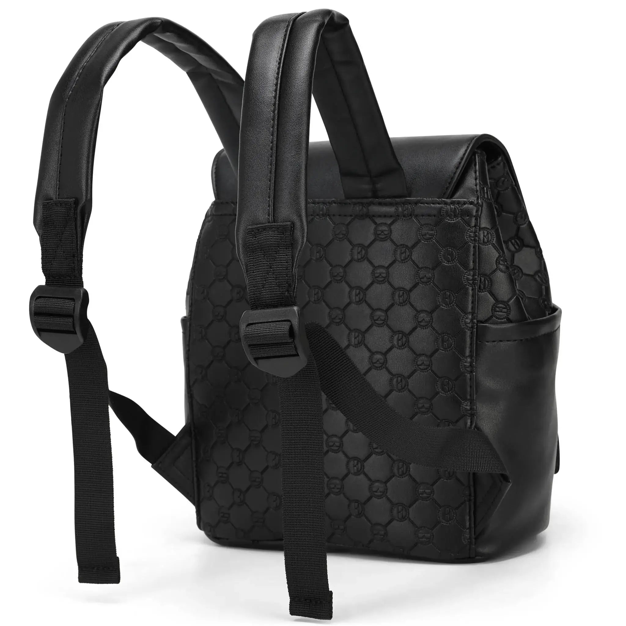 Black backpack with geometric pattern on a white background