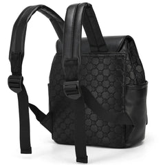 Black backpack with geometric pattern on a white background