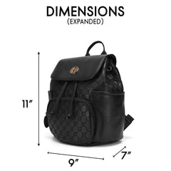 Black backpack with dimensions labeled on a white background