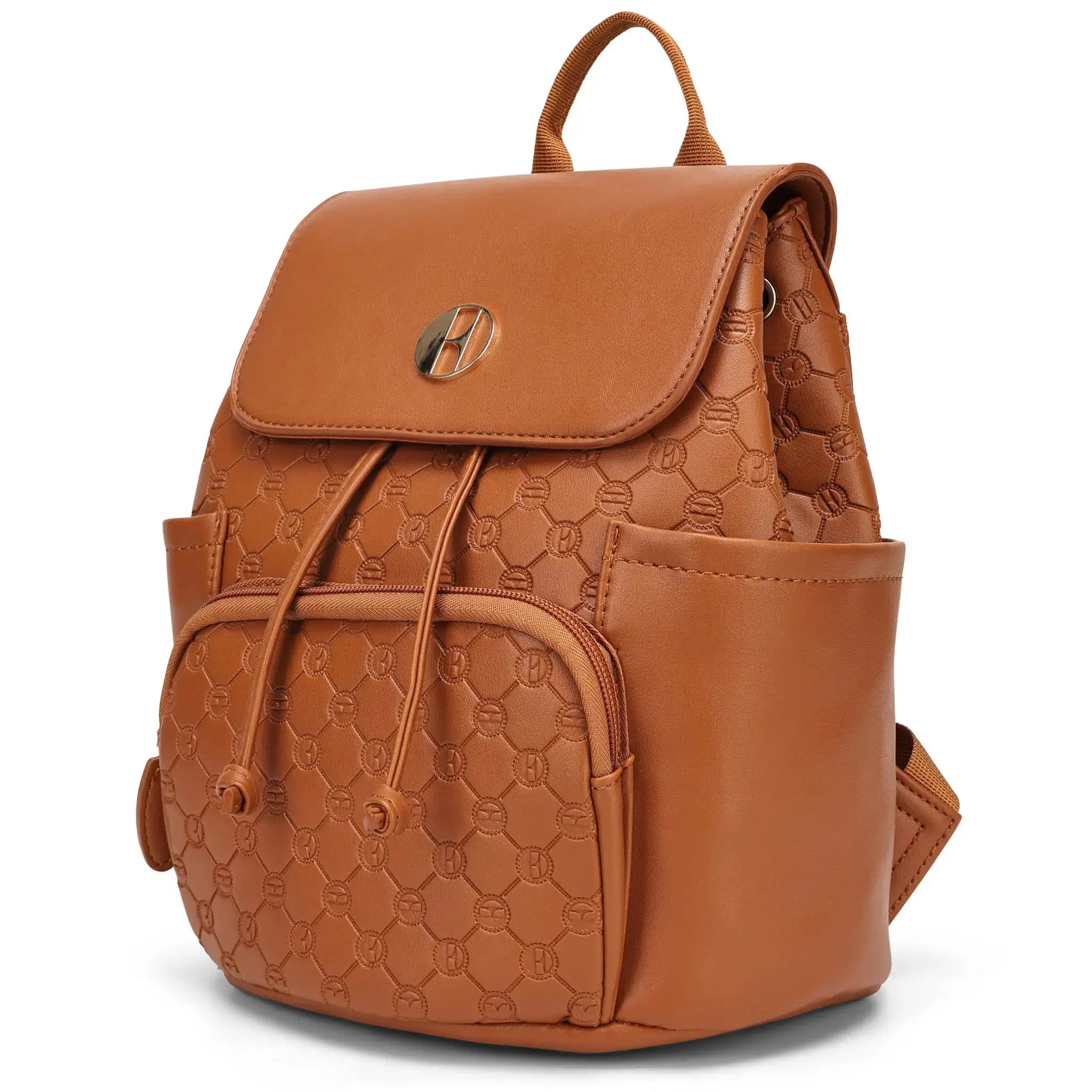 Brown leather backpack with embossed pattern on a white background