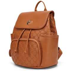 Brown leather backpack with embossed pattern on a white background